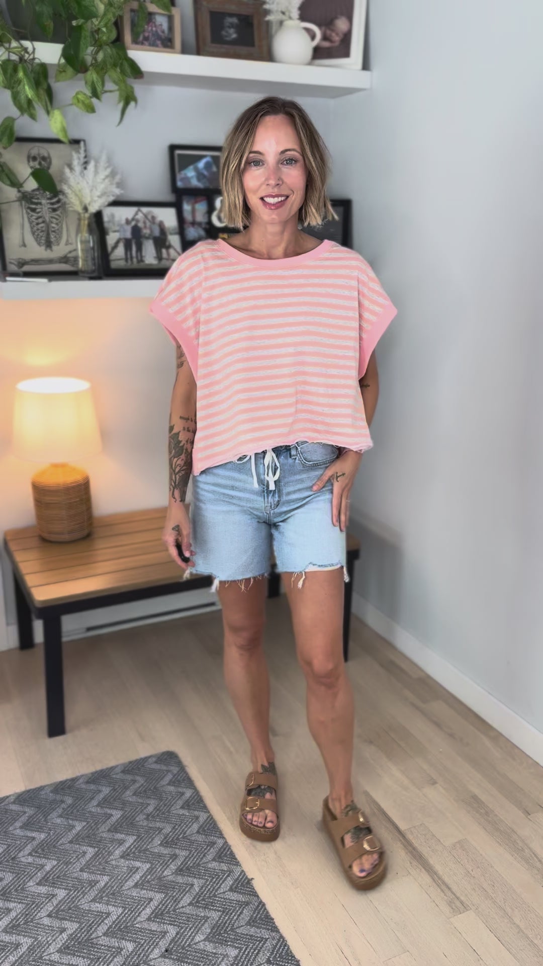 Melissa Striped Terry Open Back Top- PEACH/HEATHER OATMEAL