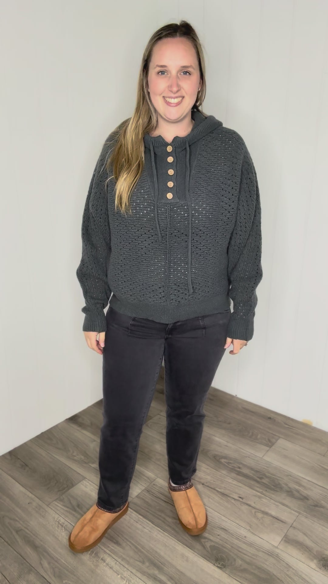 Elenara Half Button Down Hoodie Sweater- CHARCOAL