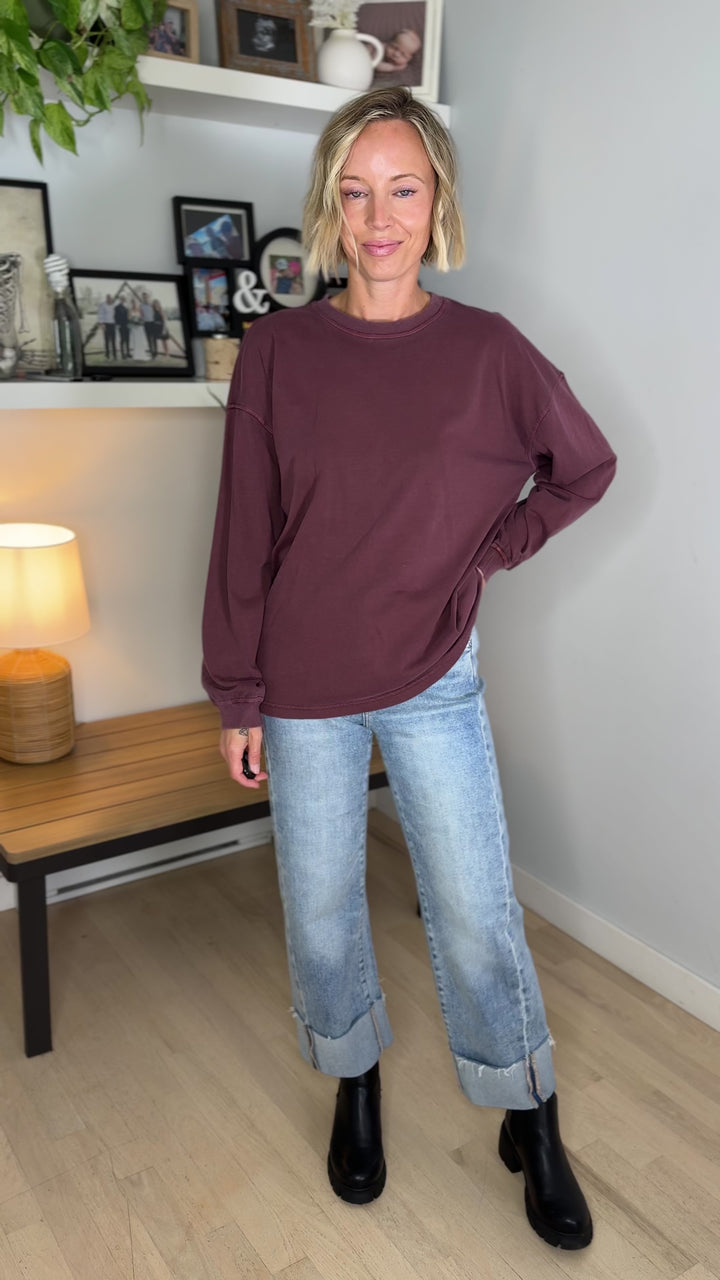 Landyn Washed Cotton Crewneck Long Sleeve- MAROON
