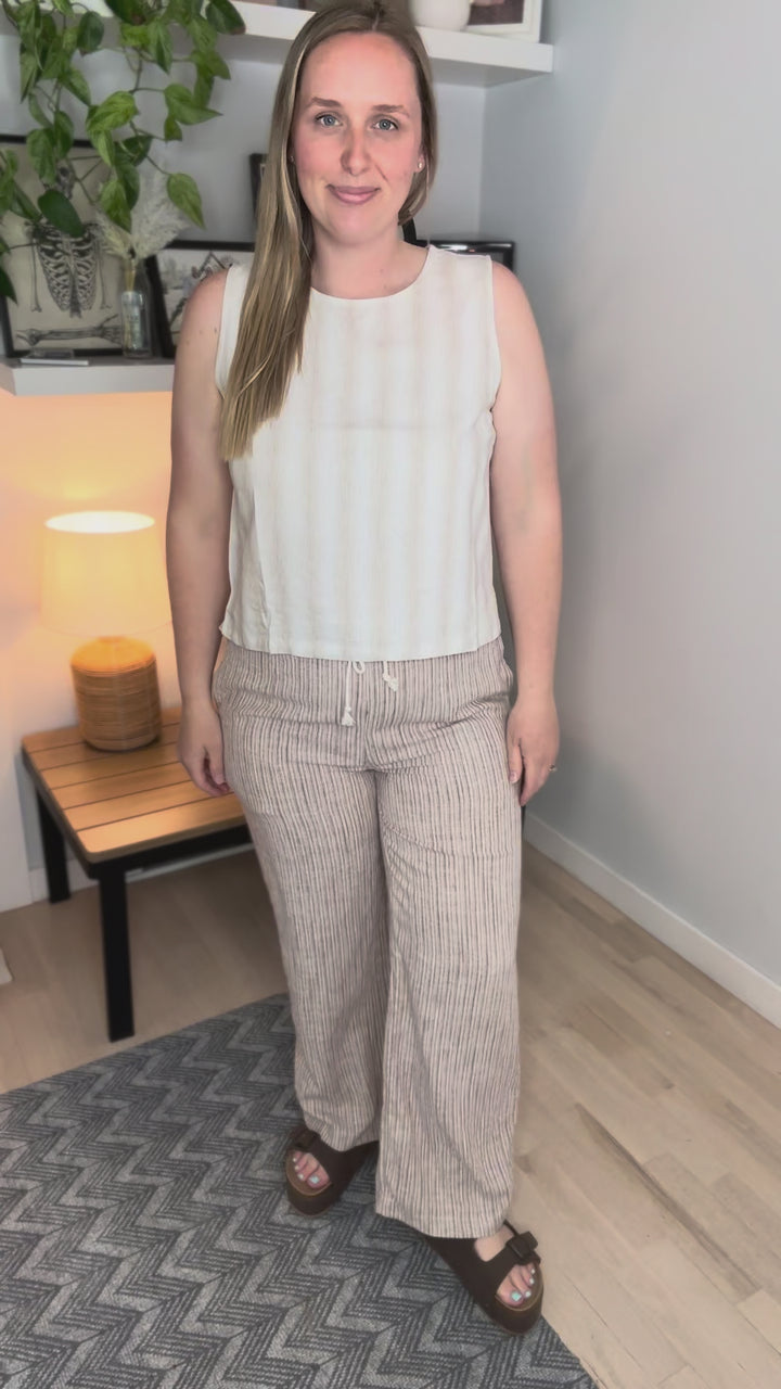 Yuna Wide Leg Linen Striped Pants- BROWN