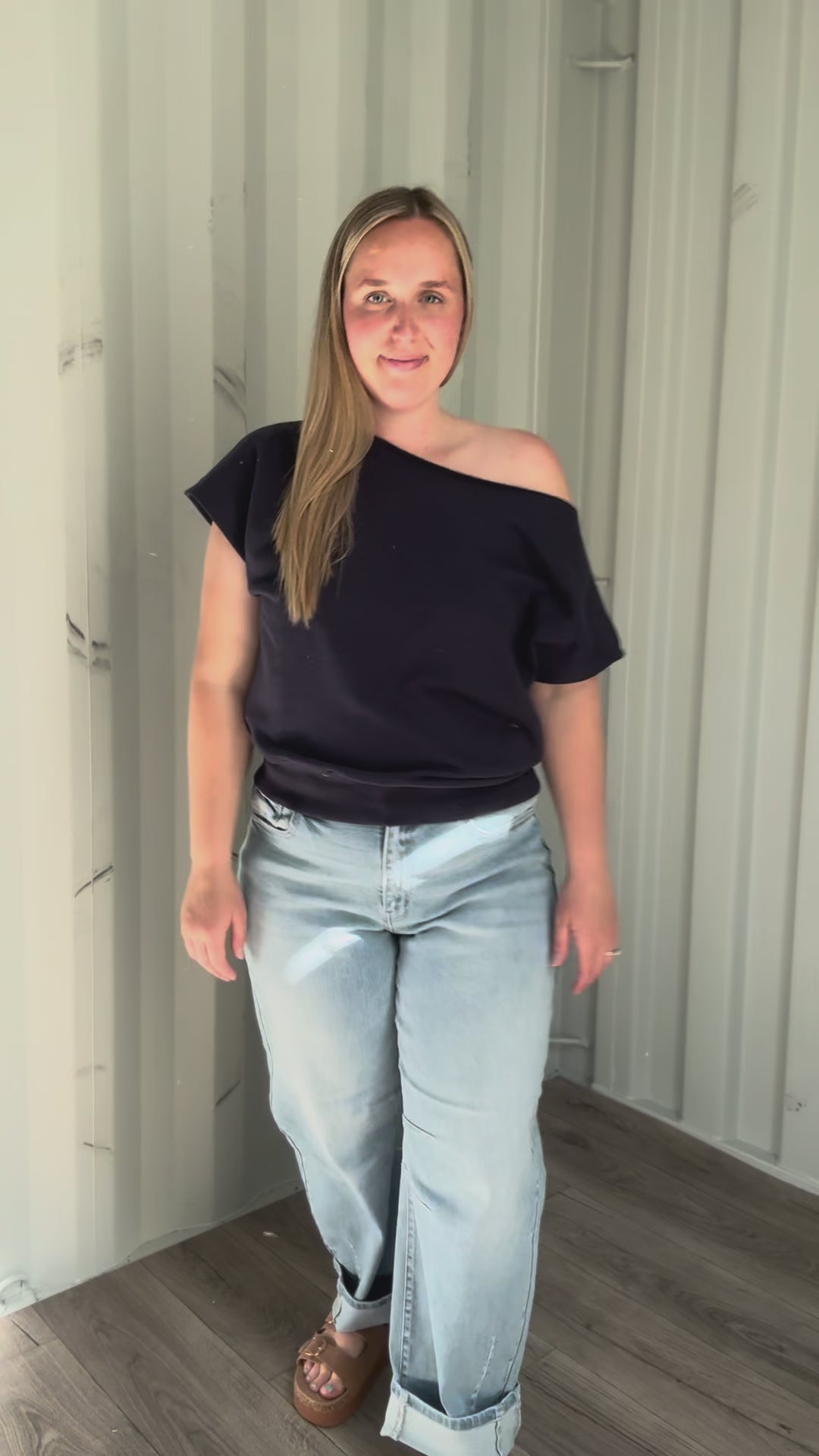 Janice Fleece Off Shoulder Top- NAVY