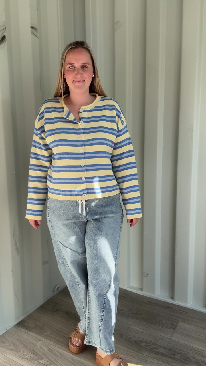 Maggie Striped Button Up Long Sleeve Sweater- DAISY COMBO