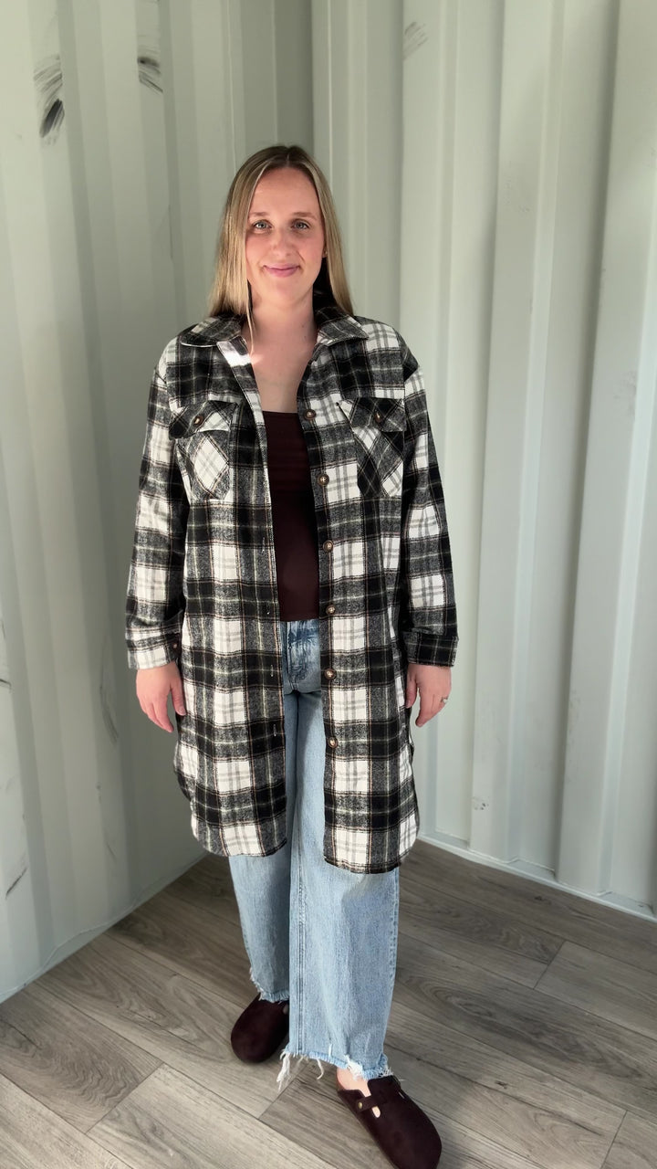 Out West Plaid Flannel Shacket- BLACK/OLIVE MUTLI-FINAL SALE