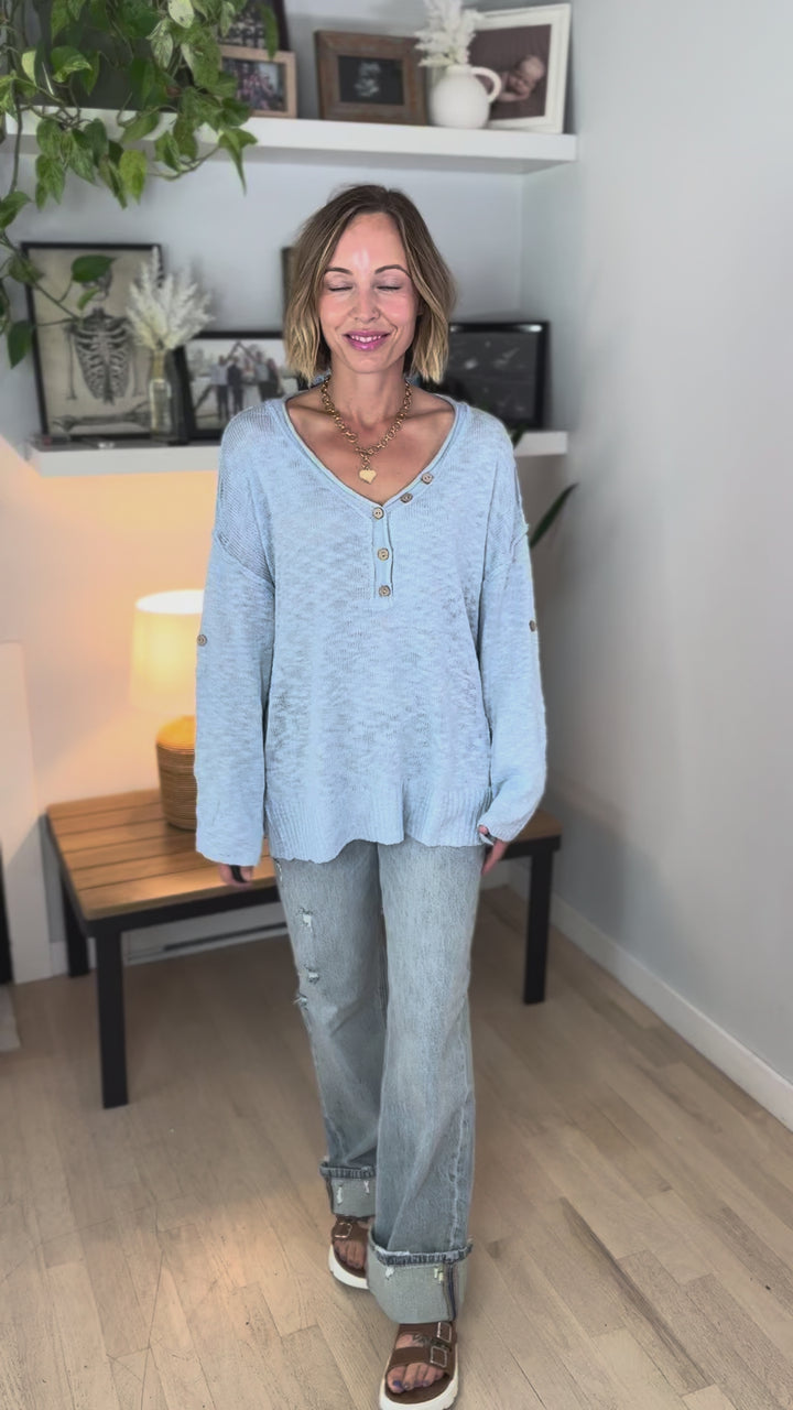 Kaia Henley Button Up Knit Sweater- BLUE