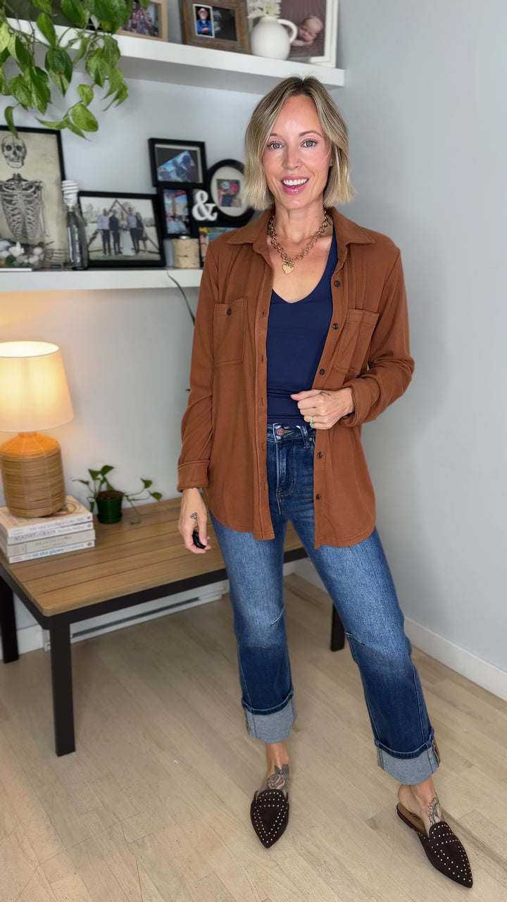 Arabella Plaid Button Up Shacket- BROWN