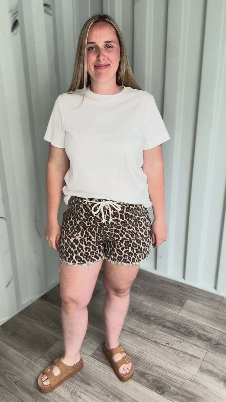 VERVET Nerina High Rise Leopard Drawstring Shorts- SAVANNAH
