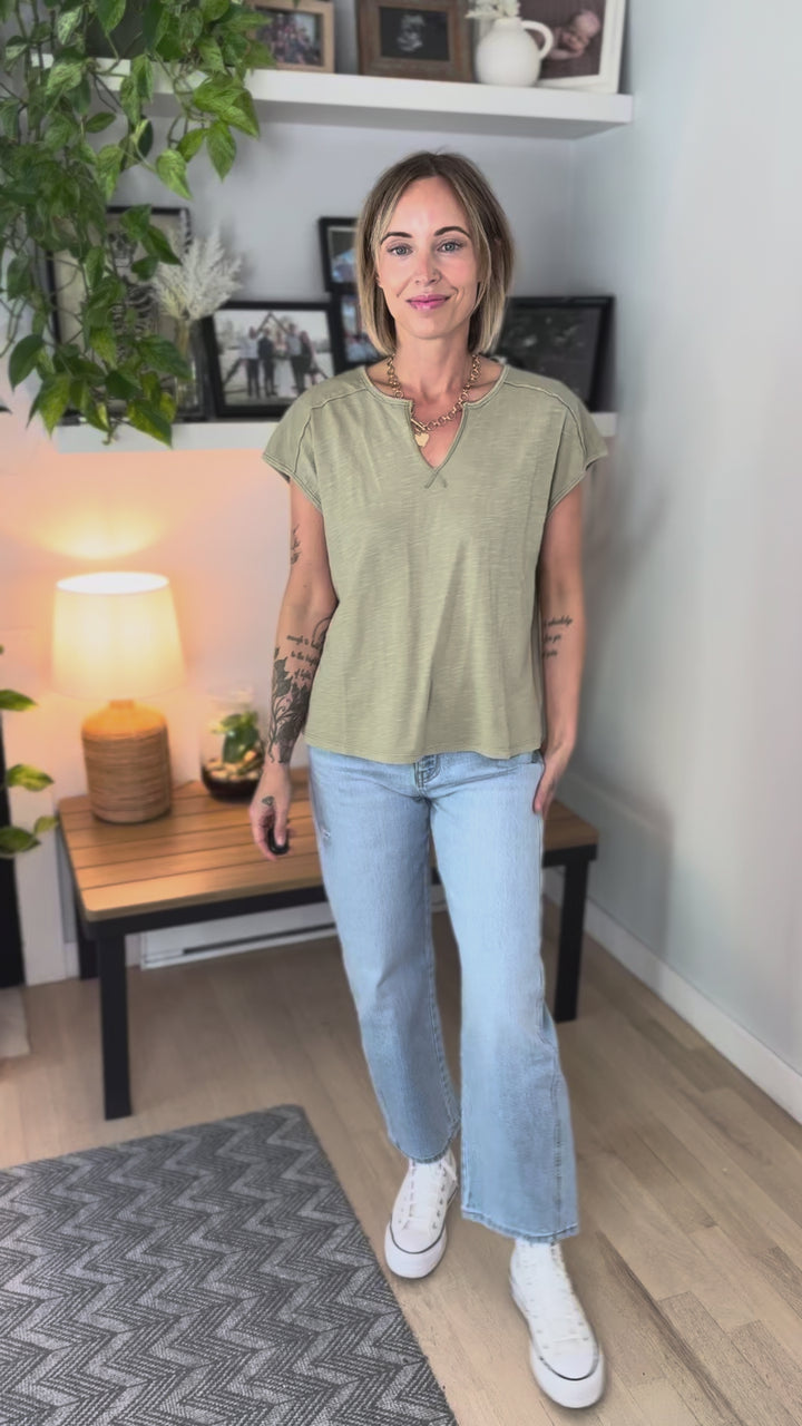 Brisa Split V Cotton Tee- FERN