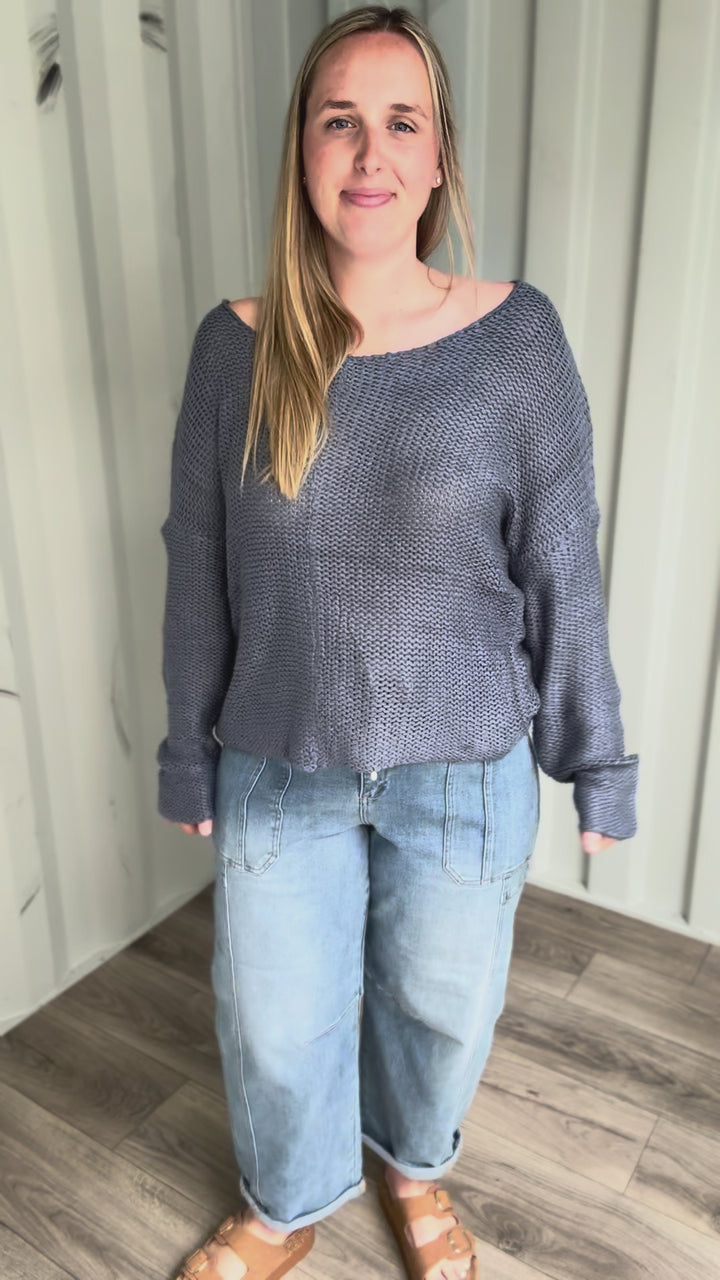 Cambria Long Sleeve V-Neck Cable Knit Sweater- BLUE/GREY