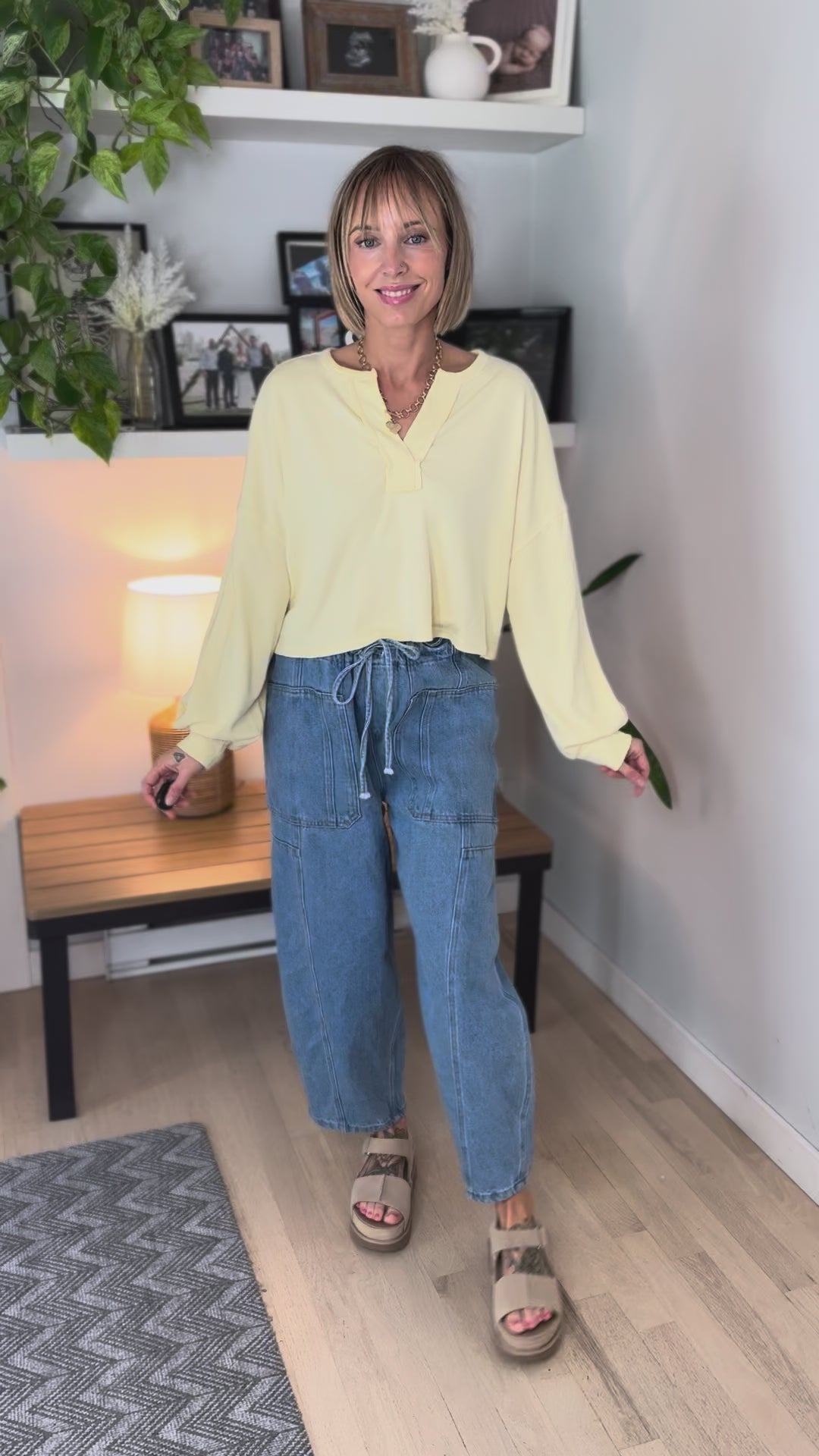 Daphne Split Neck Long Sleeve Cropped Knit Top- BUTTER YELLOW