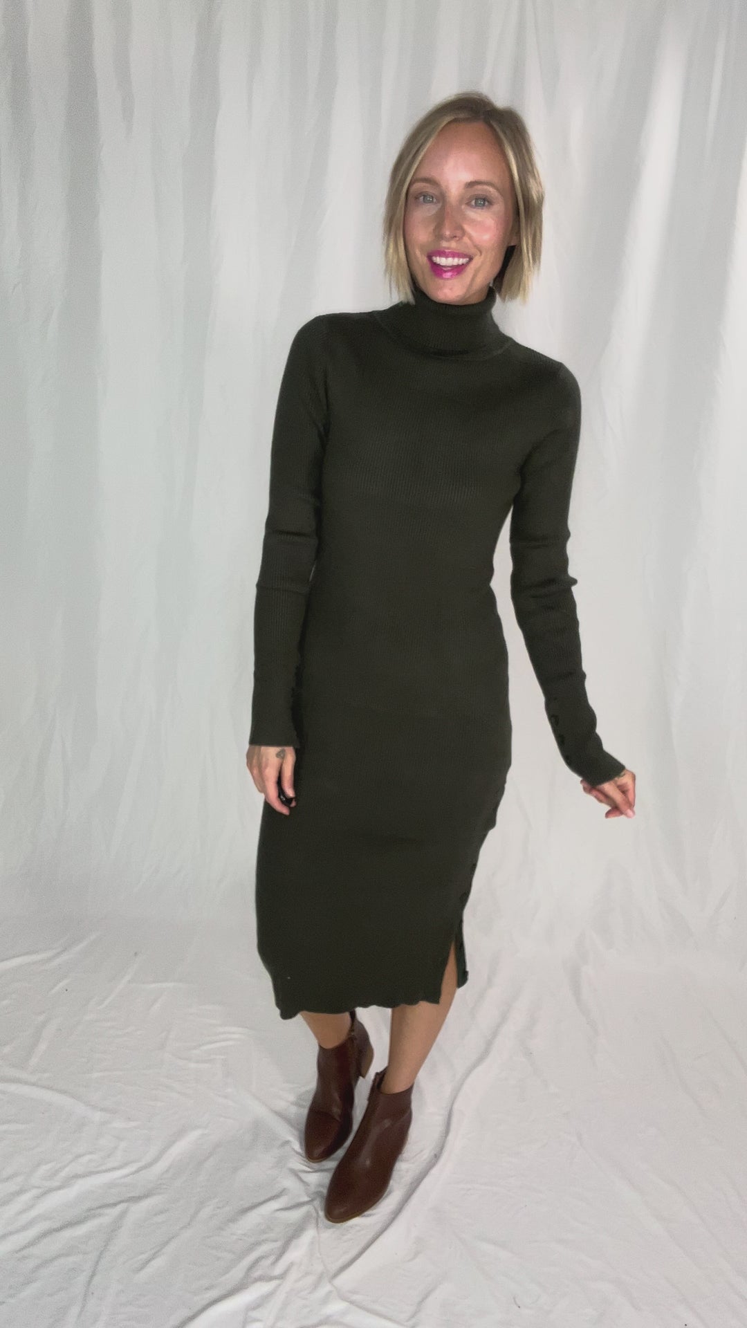 Trudee Turtleneck Midi Dress- OLIVE