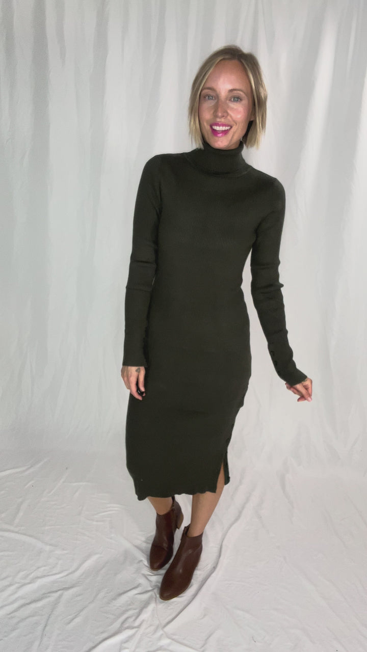 Trudee Turtleneck Midi Dress- OLIVE
