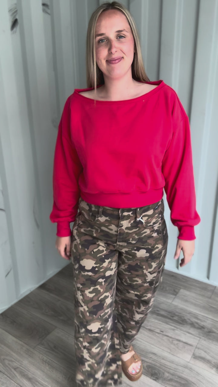 Ocean Mist Off Shoulder Crop Sweatshirt- RED
